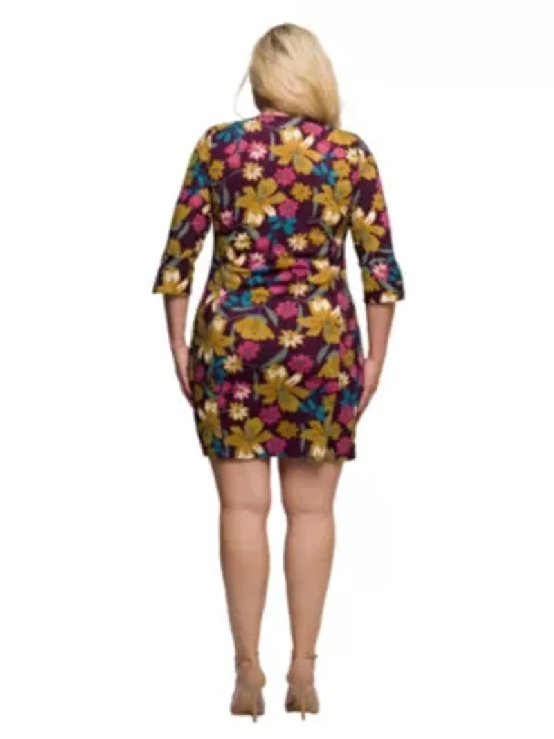Womens Plus Plum Floral Print Keyhole Neckline Sheath Dress
