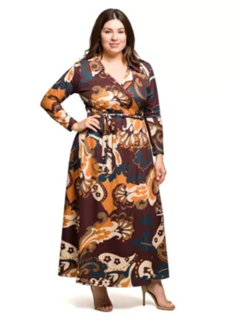 Womens Plus Brown paisley Empire Waist Maxi Dress