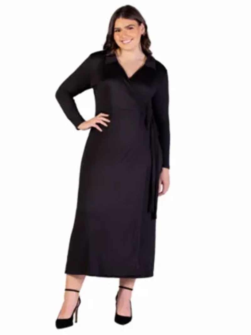 Plus Comfortable Collared Wrap Maxi Dress