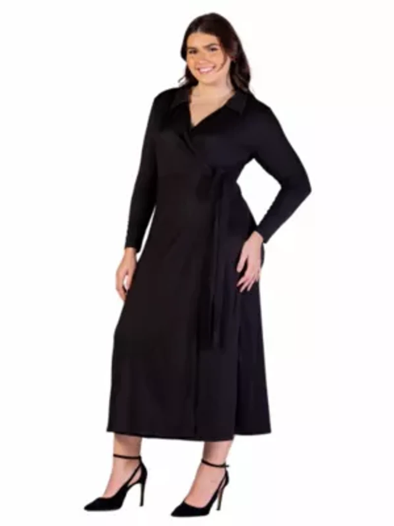 Plus Comfortable Collared Wrap Maxi Dress