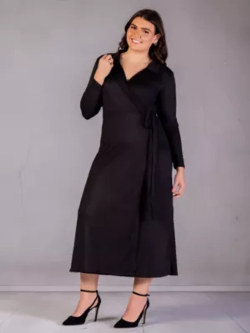 Plus Comfortable Collared Wrap Maxi Dress