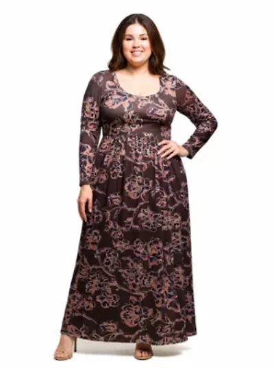 Womens Plus Brown Blush Floral Long Sleeve Scoop Neck Maxi Dress