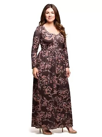 Womens Plus Brown Blush Floral Long Sleeve Scoop Neck Maxi Dress