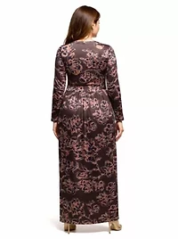 Womens Plus Brown Blush Floral Long Sleeve Scoop Neck Maxi Dress