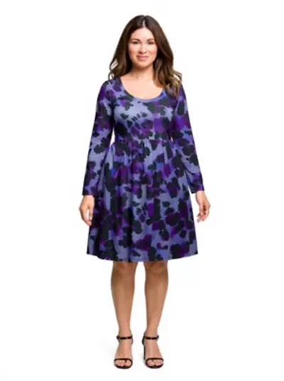 Womens Plus Long Sleeve Empire Waist Dress Purple Black Print