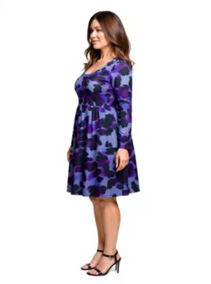 Womens Plus Long Sleeve Empire Waist Dress Purple Black Print