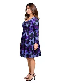 Womens Plus Long Sleeve Empire Waist Dress Purple Black Print