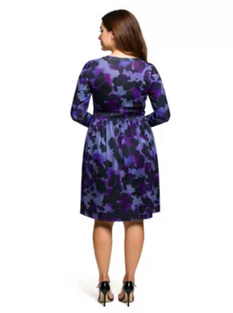 Womens Plus Long Sleeve Empire Waist Dress Purple Black Print