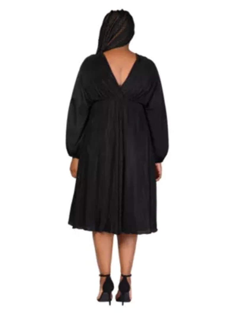 Plus Shimmer Pleated V Neck Empire Waist Bishop Sleeve Midi Dress