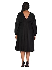 Plus Shimmer Pleated V Neck Empire Waist Bishop Sleeve Midi Dress
