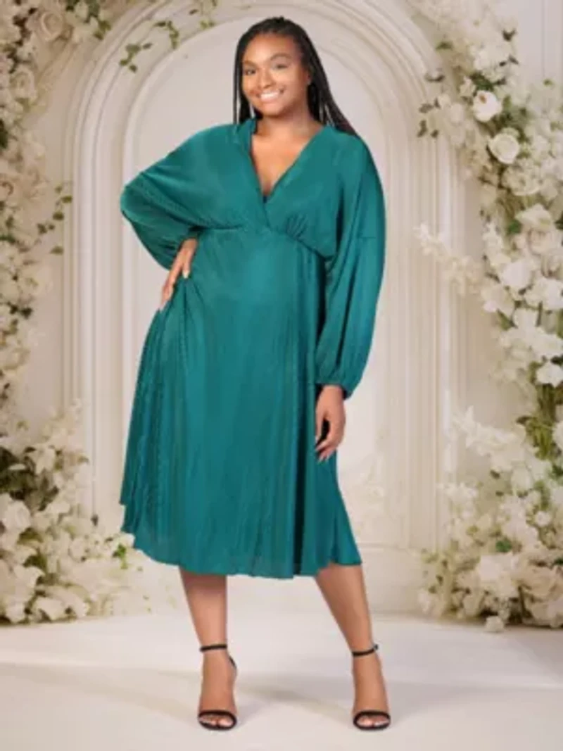 Plus Shimmer Pleated V Neck Empire Waist Bishop Sleeve Midi Dress