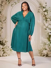 Plus Shimmer Pleated V Neck Empire Waist Bishop Sleeve Midi Dress