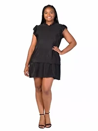 Plus Ruffle Cap Sleeve High Neck Pleated Tiered Mini Dress