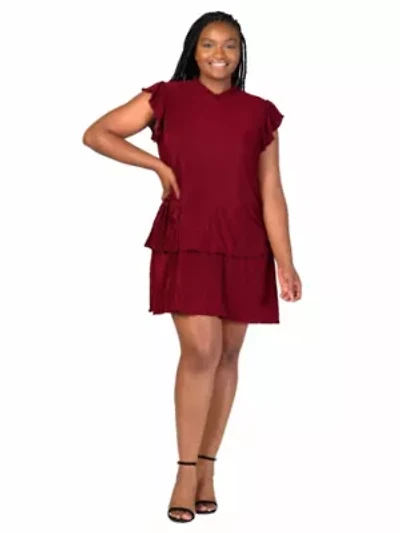 Plus Ruffle Cap Sleeve High Neck Pleated Tiered Mini Dress