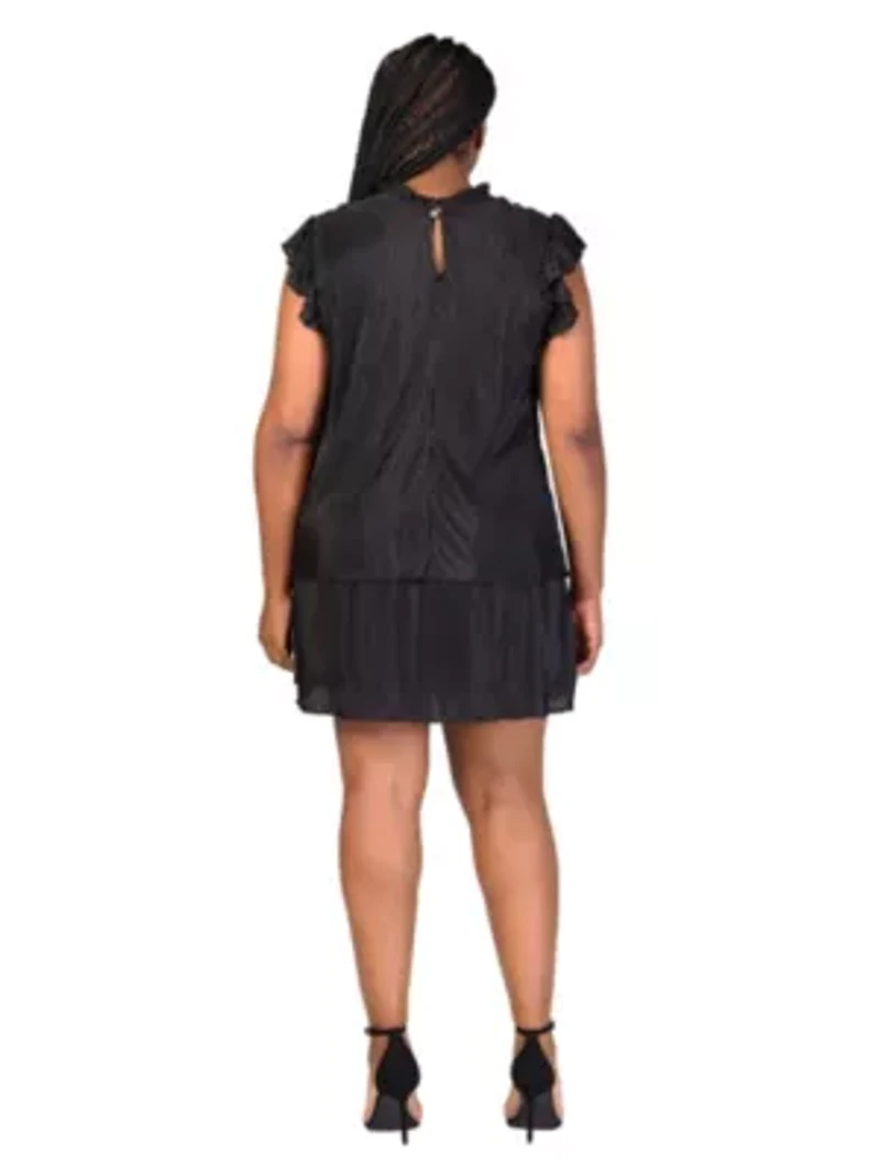 Plus Ruffle Cap Sleeve High Neck Pleated Tiered Mini Dress