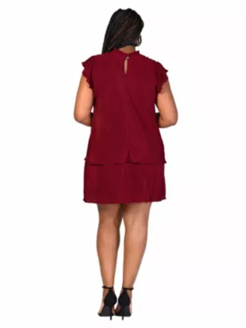 Plus Ruffle Cap Sleeve High Neck Pleated Tiered Mini Dress