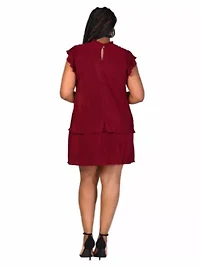 Plus Ruffle Cap Sleeve High Neck Pleated Tiered Mini Dress