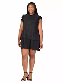 Plus Ruffle Cap Sleeve High Neck Pleated Tiered Mini Dress