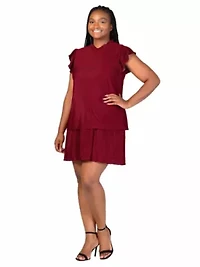 Plus Ruffle Cap Sleeve High Neck Pleated Tiered Mini Dress