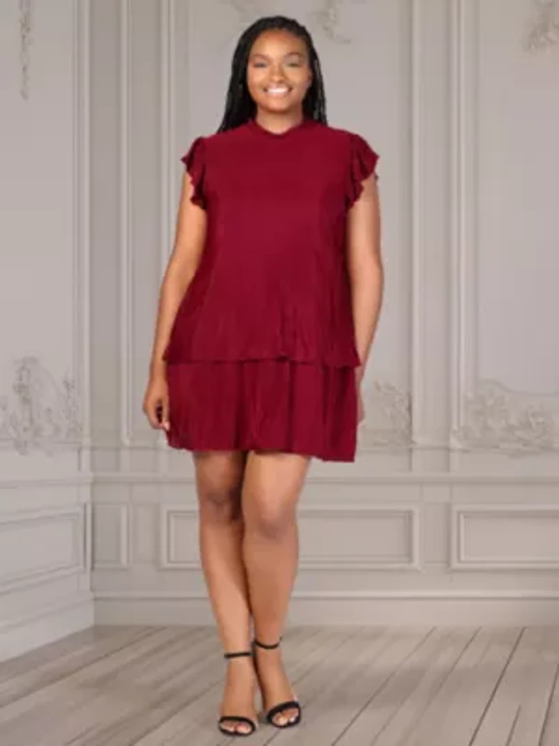 Plus Ruffle Cap Sleeve High Neck Pleated Tiered Mini Dress