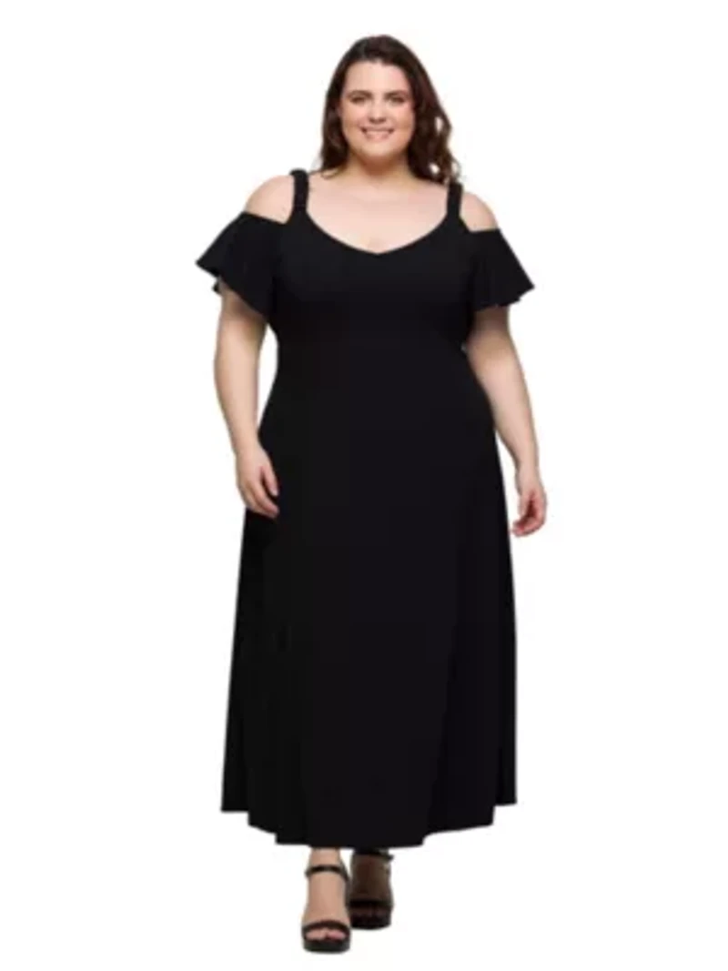 Plus Cold Sholder Ruffle Sleeve A Line Maxi Dress