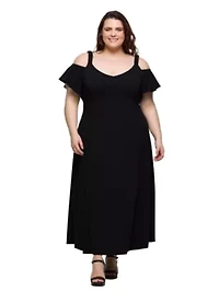 Plus Cold Sholder Ruffle Sleeve A Line Maxi Dress