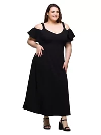 Plus Cold Sholder Ruffle Sleeve A Line Maxi Dress