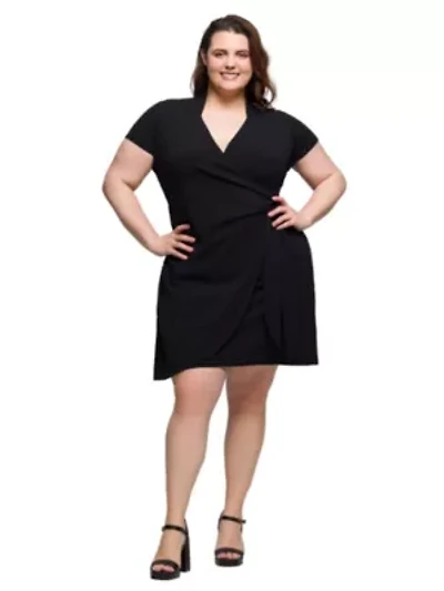 Plus Mandarin Collar Knee Length Wrap Dress
