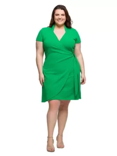 Plus Mandarin Collar Knee Length Wrap Dress