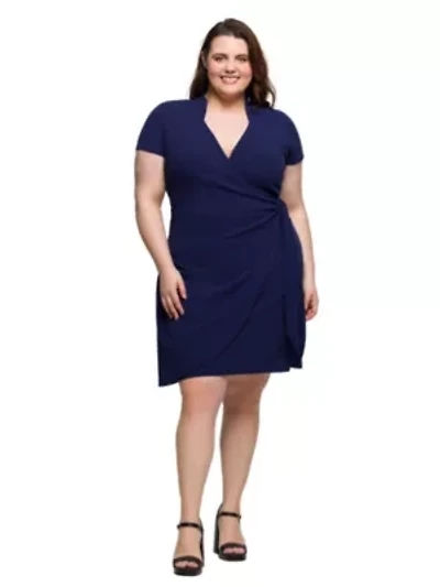 Plus Mandarin Collar Knee Length Wrap Dress