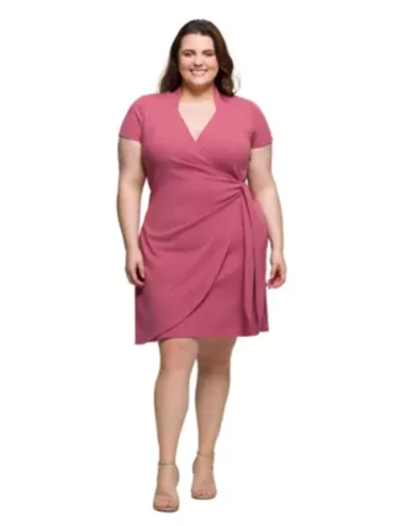 Plus Mandarin Collar Knee Length Wrap Dress