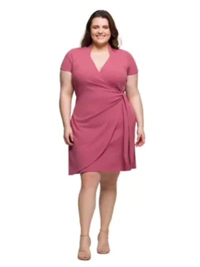 Plus Mandarin Collar Knee Length Wrap Dress