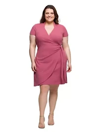 Plus Mandarin Collar Knee Length Wrap Dress