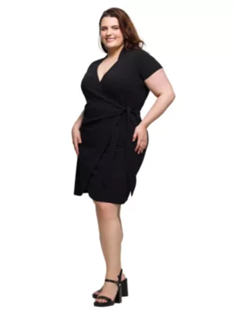 Plus Mandarin Collar Knee Length Wrap Dress