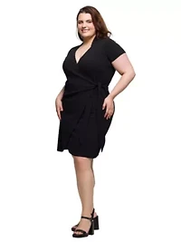 Plus Mandarin Collar Knee Length Wrap Dress