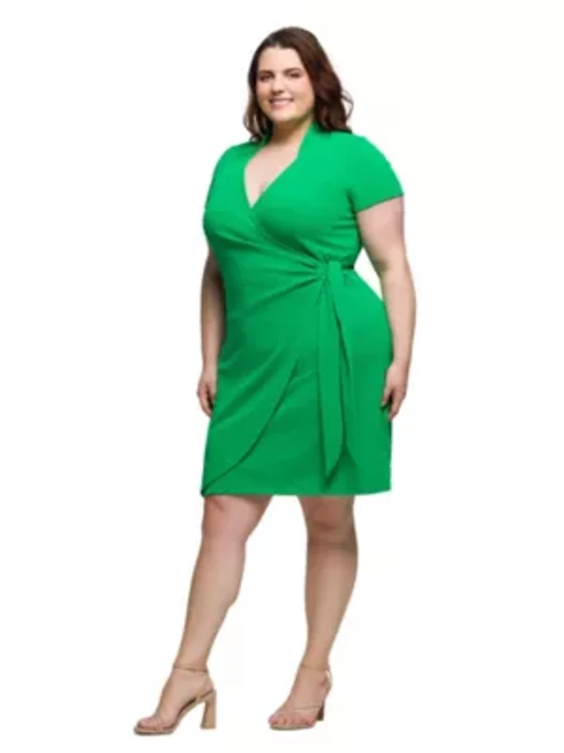 Plus Mandarin Collar Knee Length Wrap Dress