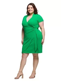 Plus Mandarin Collar Knee Length Wrap Dress