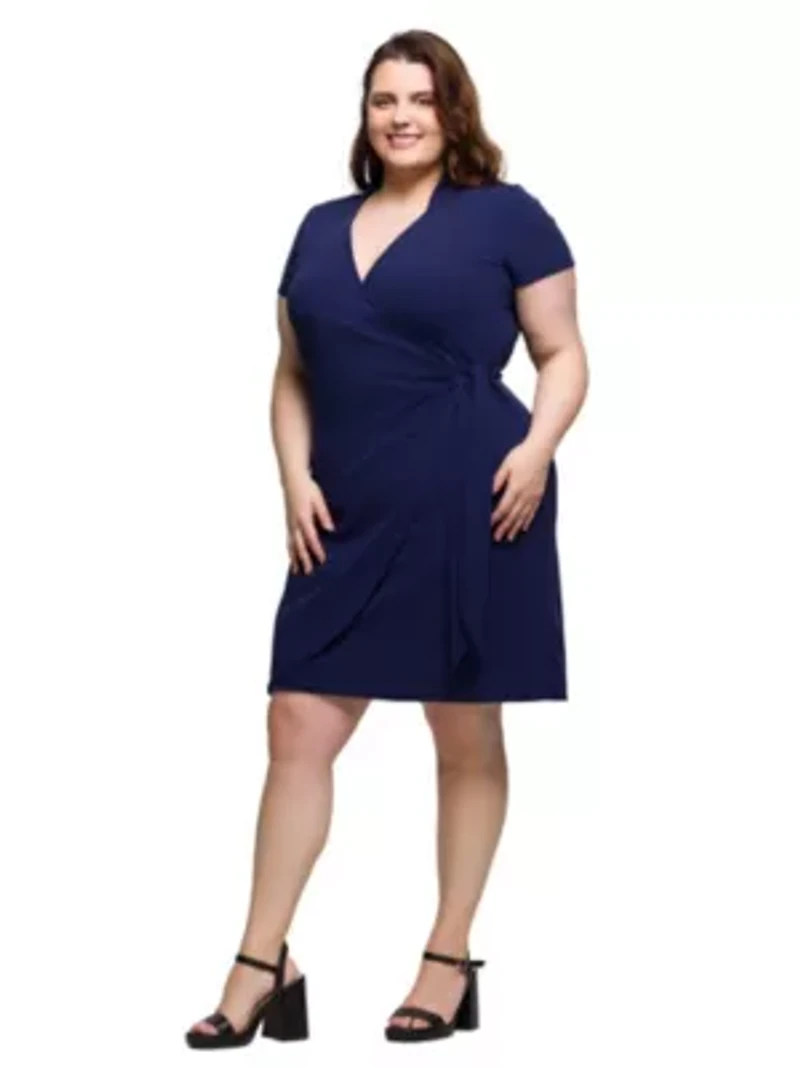 Plus Mandarin Collar Knee Length Wrap Dress