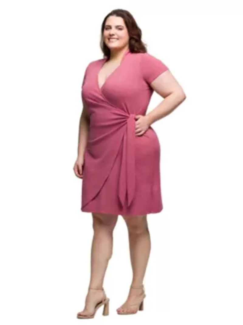Plus Mandarin Collar Knee Length Wrap Dress