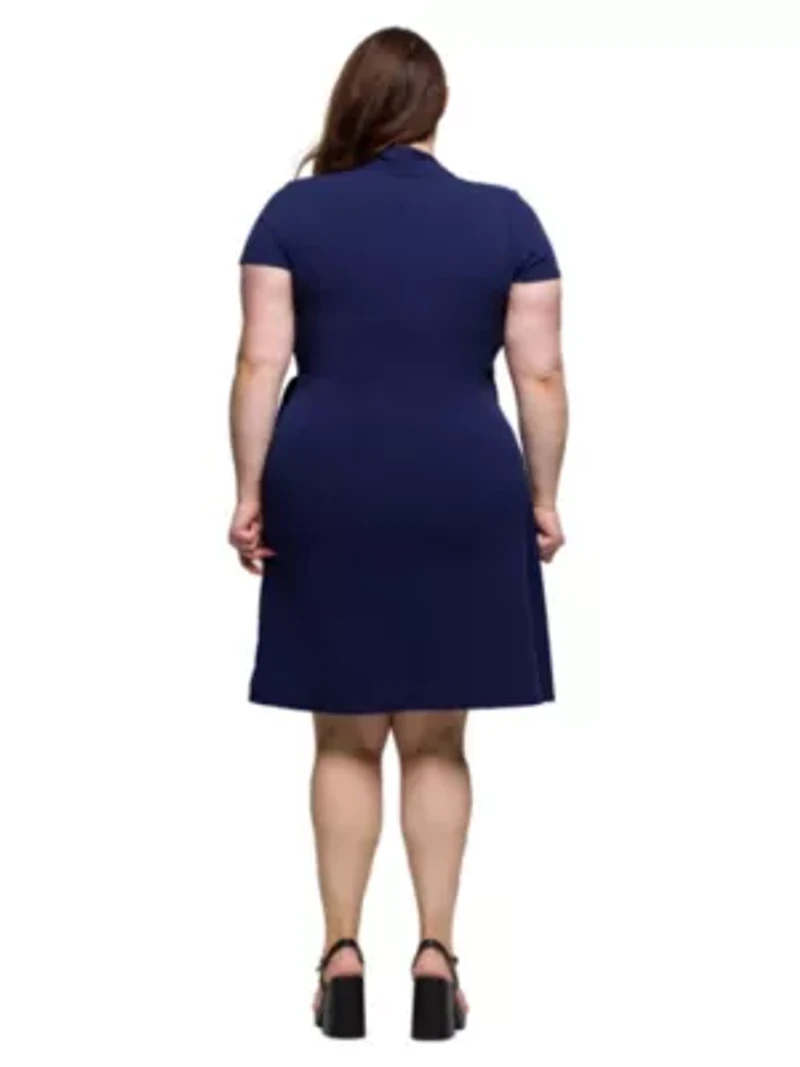 Plus Mandarin Collar Knee Length Wrap Dress
