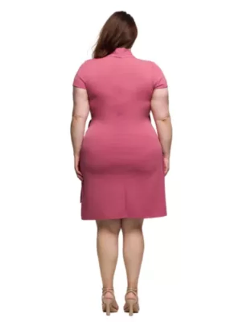 Plus Mandarin Collar Knee Length Wrap Dress