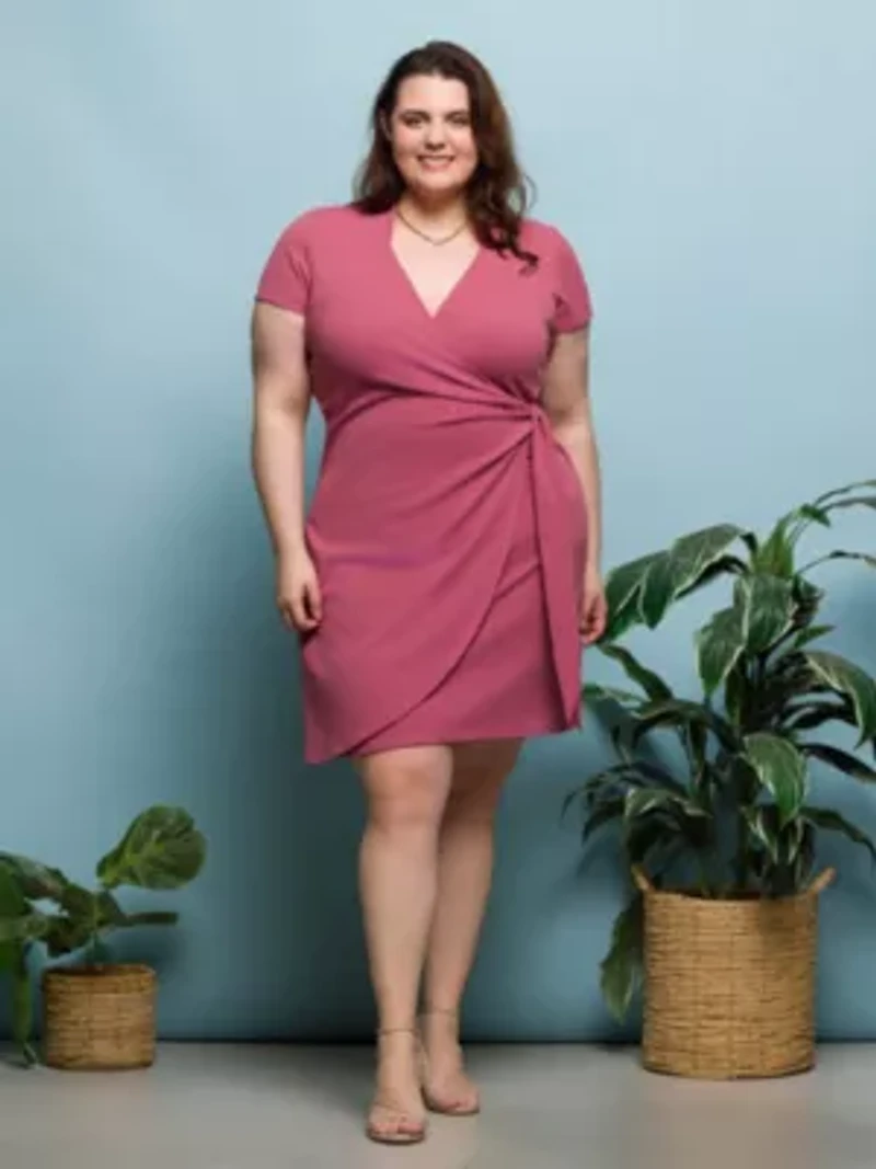 Plus Mandarin Collar Knee Length Wrap Dress