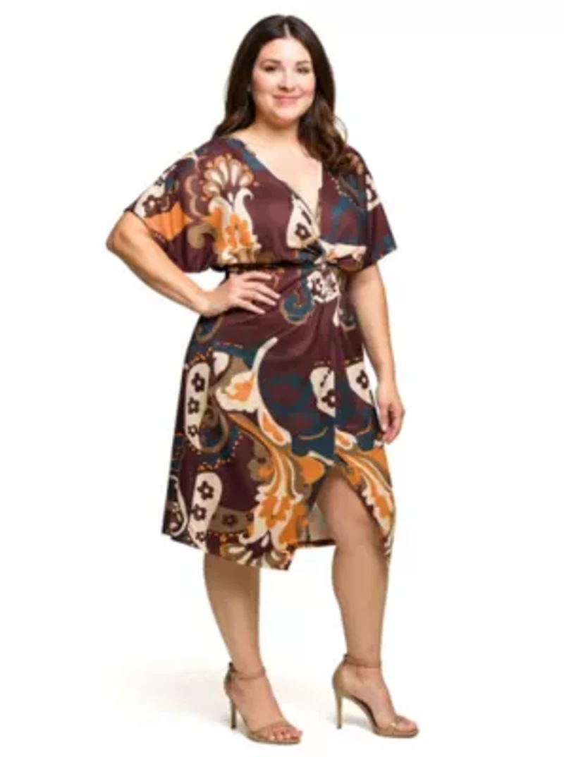 Womens Plus Short Sleeve Knot Front Midi Dress Brown Multi Paisley Print