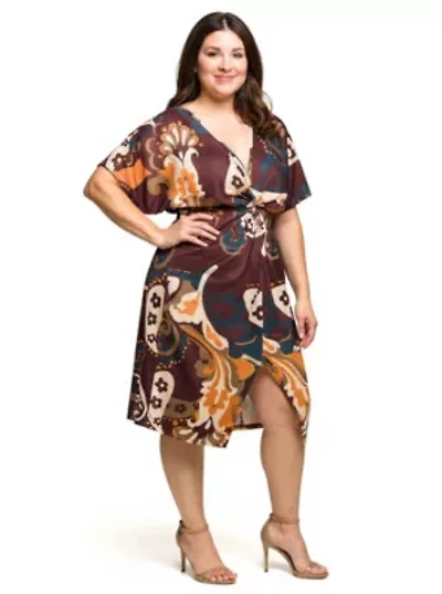 Womens Plus Short Sleeve Knot Front Midi Dress Brown Multi Paisley Print