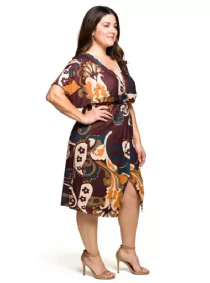 Womens Plus Short Sleeve Knot Front Midi Dress Brown Multi Paisley Print