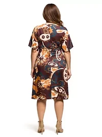 Womens Plus Short Sleeve Knot Front Midi Dress Brown Multi Paisley Print