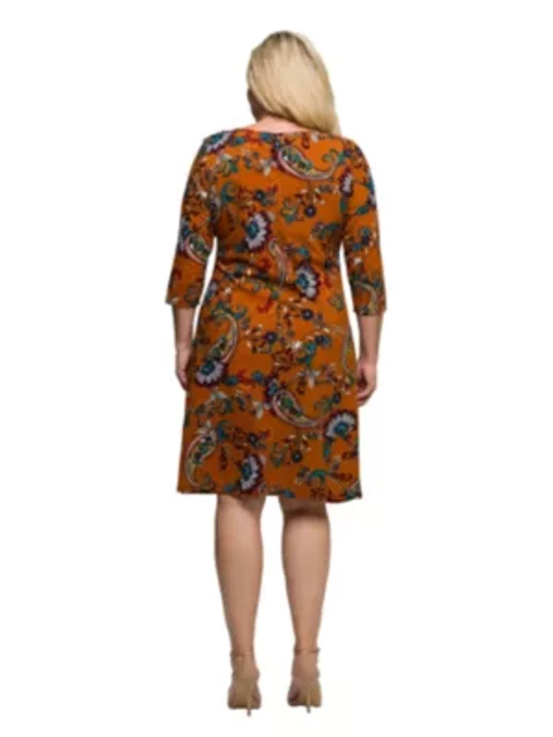 Womens Plus Elbow Sleeve Ruched Tulip Fall Print Mini Dress