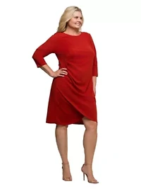 Womens Plus Three Quarter Sleeve Ruched Tulip Hem Mini Dress