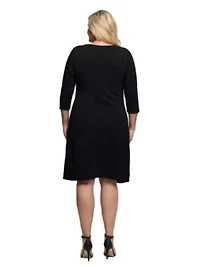 Womens Plus Three Quarter Sleeve Ruched Tulip Hem Mini Dress