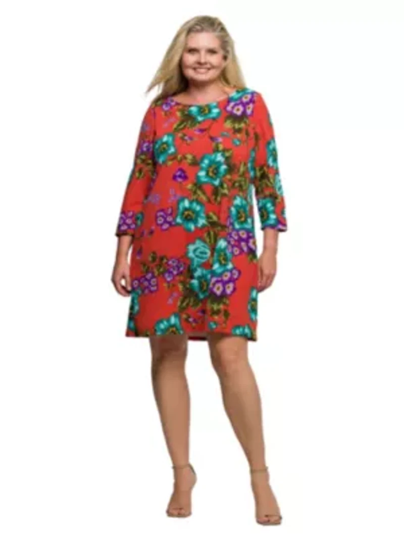 Womens Plus Orange Floral Print Three Quarter Sleeve A Line Knee Length Dress
